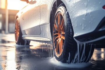 Clean wheel in foam at car wash. Generative AI