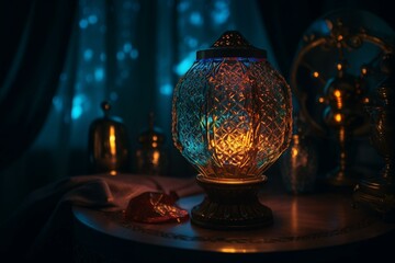 A starry, vibrant lamp adorns the table. Generative AI