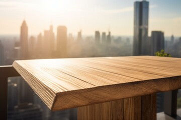 Wooden table against sunny skyscraper view. Generative AI