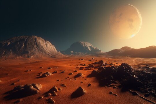 Illustration of a fantastic martian surface with orange ground, mountains, stars, and Saturn, and Earth in the distance - a backdrop for a space game. Generative AI