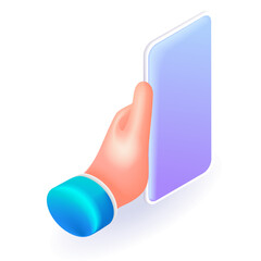 Isometric 3D icon hand of a businessman. Hand holding a mobile phone. Cartoon minimal style. Vector for website