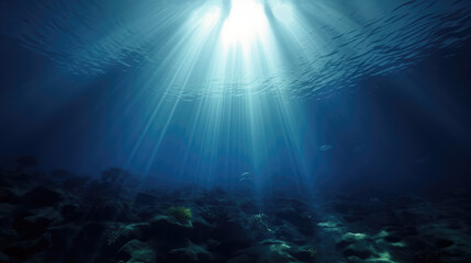 Fototapeta na wymiar Strong and bright rays of the sun through the clear water fall to the bottom of the ocean, illuminating the underwater life and flora.