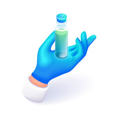 3D Isometric illustration. Cartoon hand in a blue glove holds a test tube with a green substance. Vector icons for website