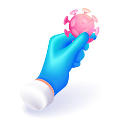 3D Isometric illustration. Cartoon hand of the doctor. Hand in a blue glove holds an icon of a terrible virus. Vector icons for website