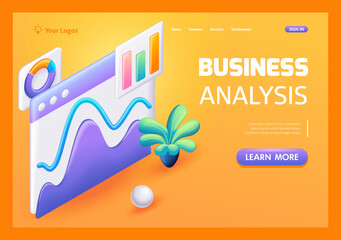 3D Isometric, cartoon. Chart is an indicator of the growth and fall of stocks, securities, gold, currency. Concept of business analysis. Trending Landing Page