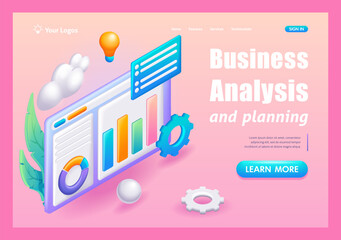 3D Isometric, cartoon. Business analysis and planning, consulting, project management, financial report and strategy concept. Trending Landing Page