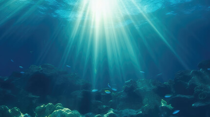 The underwater world in the ocean under the bright rays of the sun, breaking through the water surface to the bottom