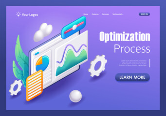 3D Isometric, cartoon. Concept of process optimization. Business improvement , development, project planning, effective teamwork. Trending Landing Page