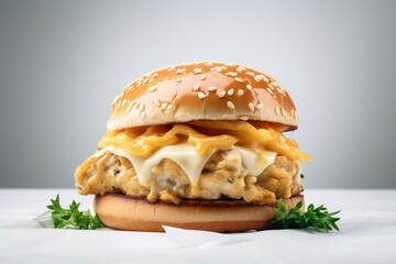 Delicious chicken burger with cheese and onions on a white background. Generative AI
