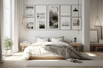 Mock-up posters in modern Scandinavian bedroom visualized with 3D rendering. Generative AI