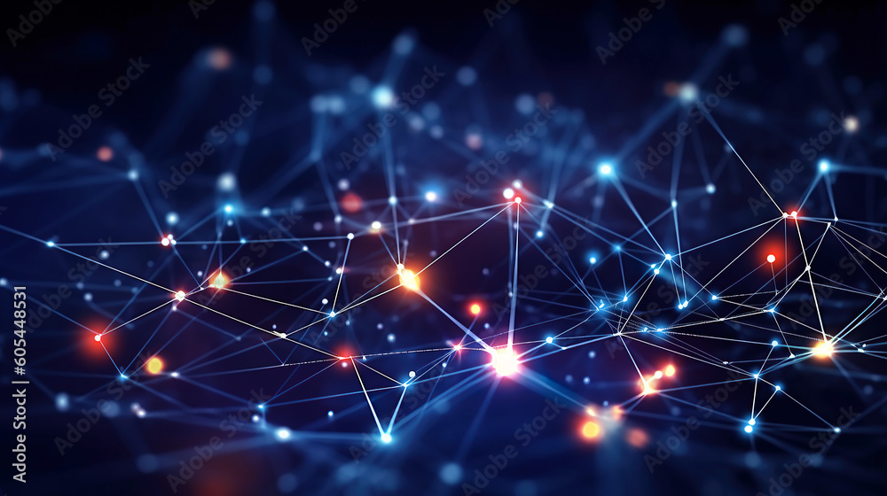 Poster digital background with dots and lines, flashes of light, network connection. generative ai