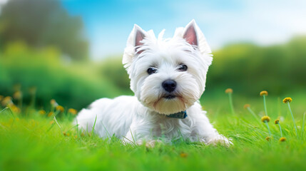 West highland white terrier on green grass. Generative AI