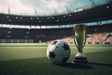 Soccer ball and cup on a stadium field. Generative AI