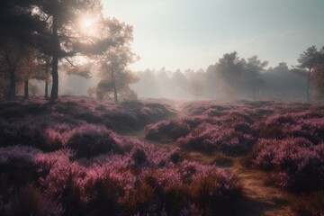 The stunning sight of heather painted in shades of purple. Generative AI