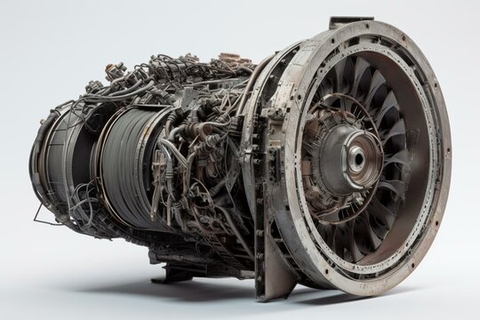 3D illustrated jet engine dismantled into parts on white background. Generative AI