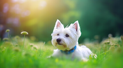 West highland white terrier on green grass. Generative AI