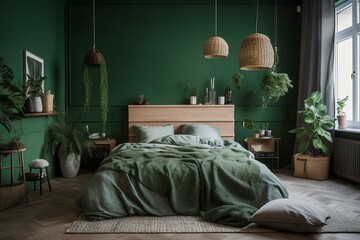 Bedroom styled in green hues. Generative AI