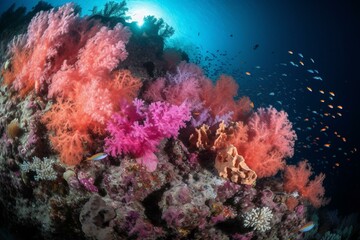 Obraz na płótnie Canvas Vibrant coral and fish thrive in a pristine underwater setting. Generative AI