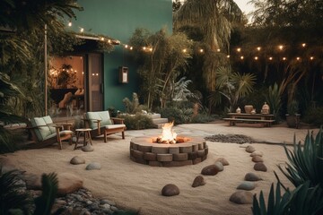 A comfortable outdoor space with garden seating, pool, and fire pit. Generative AI