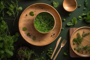 Sustainable wooden dinnerware with microgreens from above on green backdrop. Generative AI