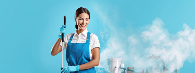 professional woman cleaner portrait in blue apron, office and home housekeeping and cleaning service