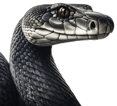 Close up portrait of a black mamba snake isolated on a white background, generative AI