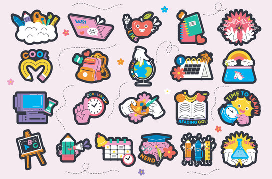 School supplies set. Color stickers with backpack, books, gadgets and notebooks. Education, college concept. Funny badges in retro style. Cartoon flat vector collection isolated on white background