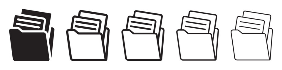 Set of file folder icon. Document in folder, data folder. Opened folder symbol, folder for storage document and file. File document archive icon. Vector.