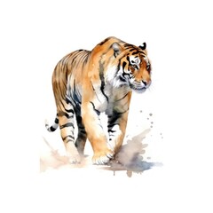 Watercolor tiger isolated on white background. Watercolor hand drawn illustration. Tiger walking. Paint strokes. Ink drops.