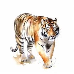 Fototapeta na wymiar Watercolor tiger isolated on white background. Hand painted watercolor illustration. Tiger walking. Paint strokes. Ink drops.