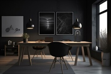 Modern black interior with a Scandinavian style mockup poster frame rendered in 3D illustration. Generative AI