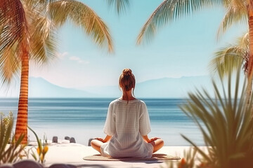 Calm woman sitting alone on a seashore during beach vacations on an exotic island created with Generative AI