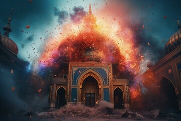 Colorful digital art of a mosque in an explosion. Generative AI