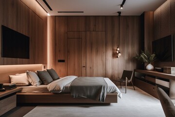 Contemporary bedroom with wooden wall for TV and adjoining wardrobe room. Generative AI