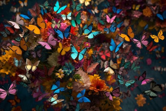 Beautiful AI-generated background with colorful butterflies and flowers. Generative AI © Michael