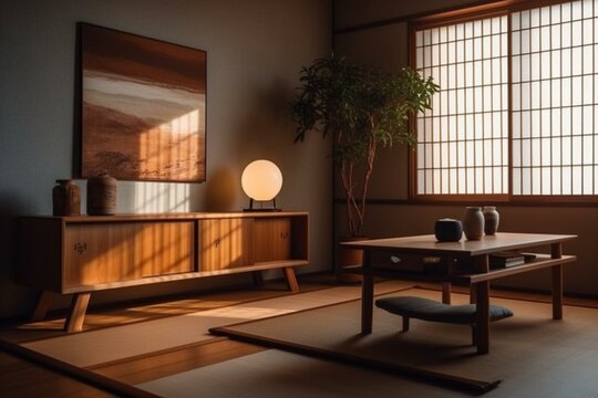 Simple Japanese interior with a wall-mounted picture frame and minimalistic design. Generative AI