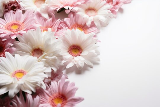 White and pink daisy border on white. Seamless floral card template. Suitable for blog, postcard or invitation. Copy space included. Generative AI