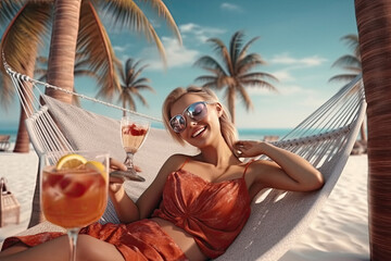 Satisfied happy woman with cocktail relaxing in hammock during beach vacation on exotic island tropical created with Generative AI