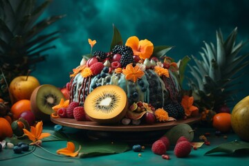 Colorful tropical cake topped with exotic fruits, berries, and sweets on a turquoise backdrop with green monstera leaves. Copy space available. Generative AI
