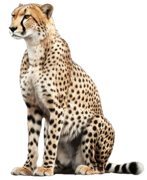 Close up of a sitting cheetah isolated on a transparent or white background as PNG, generative AI animal