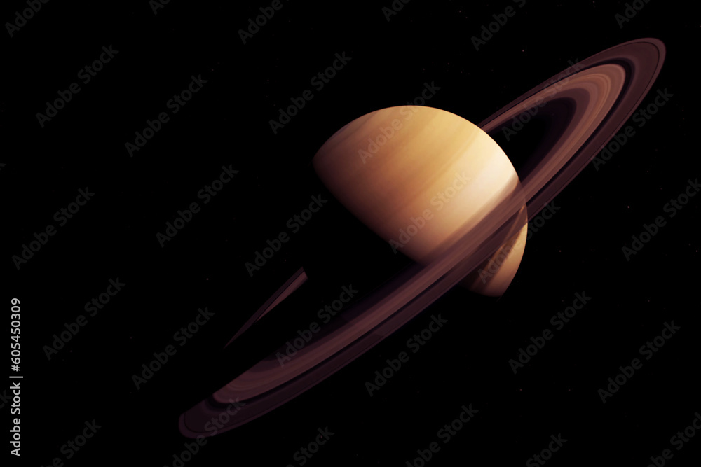 Poster planet saturn in dark space. elements of this image furnishing nasa.