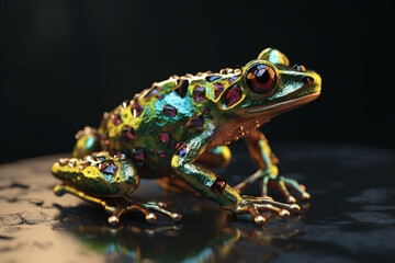 Realistic frog made from luxurious metal and colorful gemstones. Generative AI