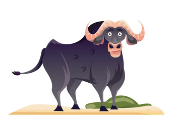 Buffalo savannah animal. Funny horned herbivore on sand with grass. African mammals in wild environment concept. Smiling friendly zoo character. Cartoon flat vector illustration on white background