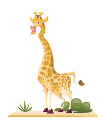 Giraffe savannah animal. Exotic yellow spotted herbivore on sand with grass. African mammal in nature concept. Friendly and funny zoo character. Cartoon flat vector illustration on white background