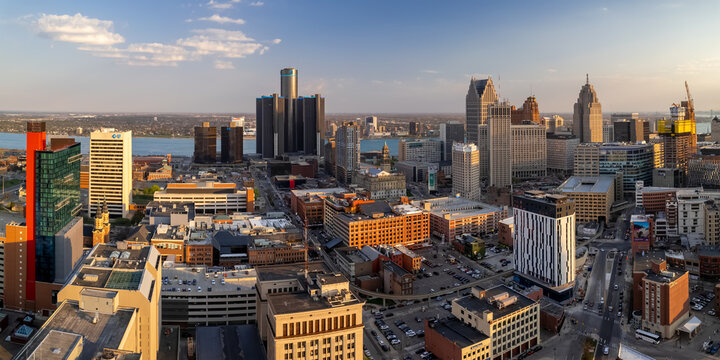 Aerial view of Detroit downtown, Detroit is a second largest city in American Heartland is home to 4.3 million people.