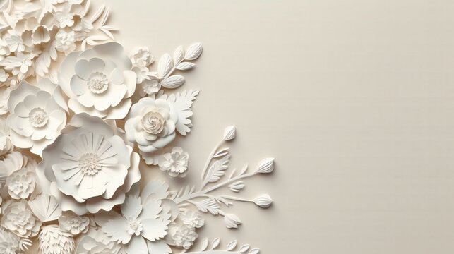 3D White Paper Cut Flower Frame on White Background, space for copy