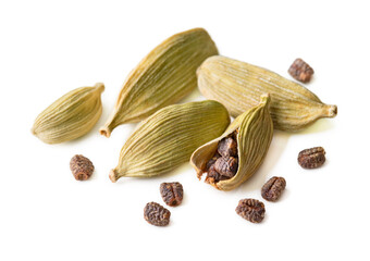 Cardamom pods and seeds isolated on white background with clipping path. Cardamon, Cardamum.