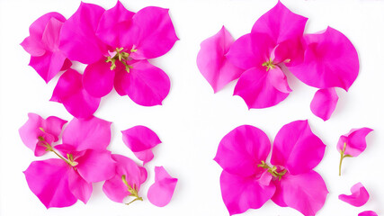 Naklejka na ściany i meble set of five pink Mediterranean Bougainvillea flowers isolated over a transparent background, vibrant floral design element, top view, generative ai