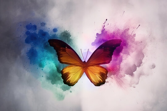 Abstract exploring powder color painting. Concept of butterfly in fantasy creative shading multicolor mist design, generative ai 