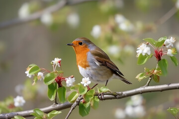 Fototapeta premium Cute small robin on a flowery berry branch at spring, generative ai 